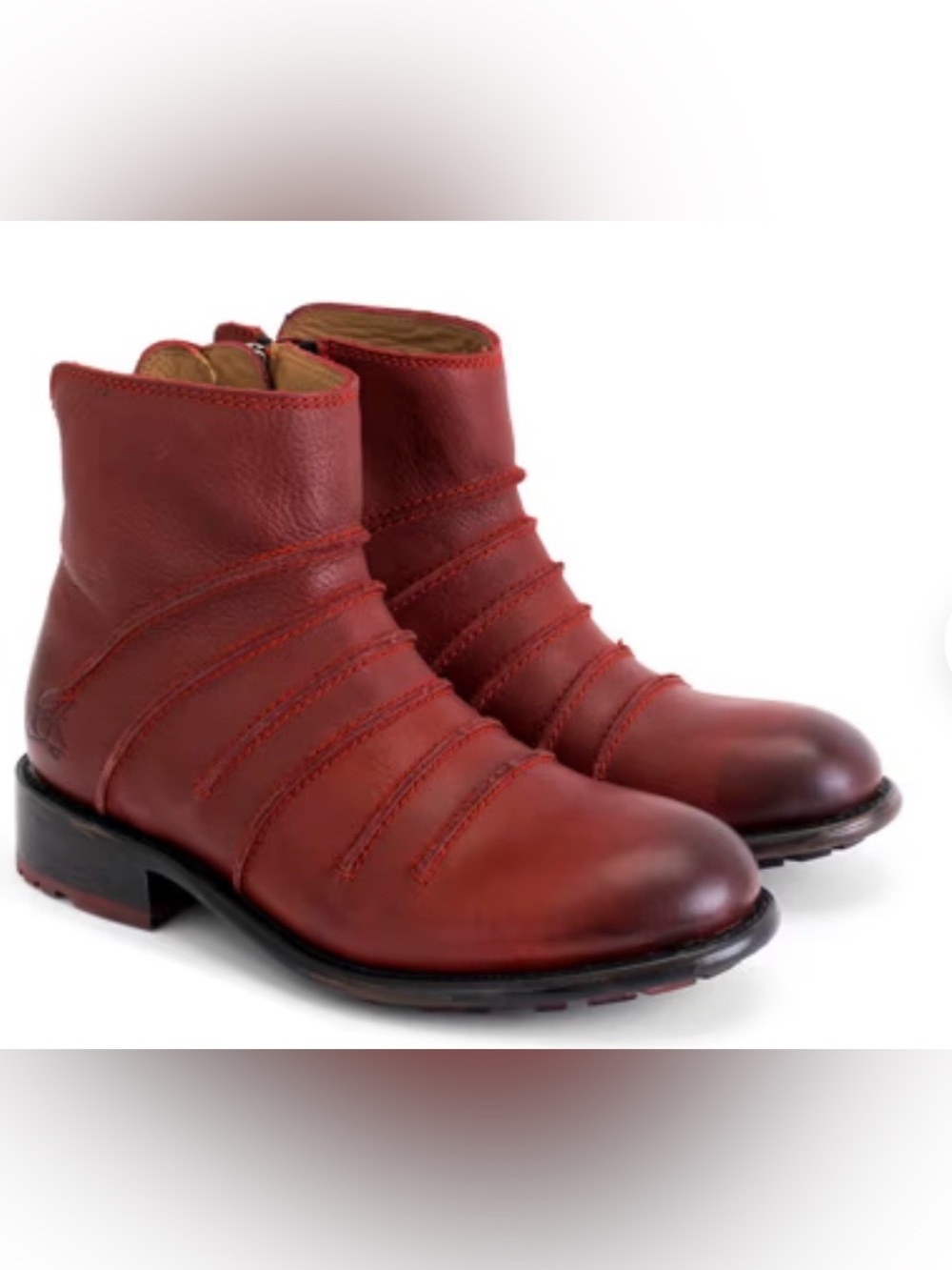 Fluevog LIKE NEW Living 2.0 Beauvoir burgundy leather ruched zip ankle bootie-7